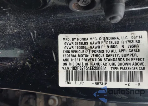 2014 Honda Civic Lx из США, поврежденный, VIN 19XFB2F54EE250651